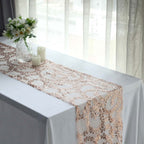 Mesh 12"x108" Table Runner Rose Gold - Leaf Vine Embroidery - Bell Racket Store
