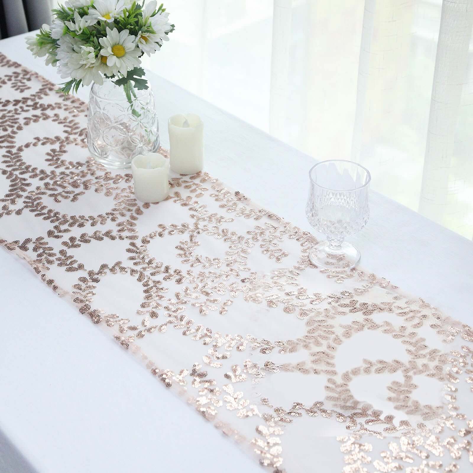 Mesh 12"x108" Table Runner Rose Gold - Leaf Vine Embroidery - Bell Racket Store