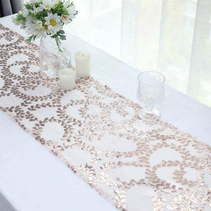 Mesh 12"x108" Table Runner Rose Gold - Leaf Vine Embroidery - Bell Racket Store