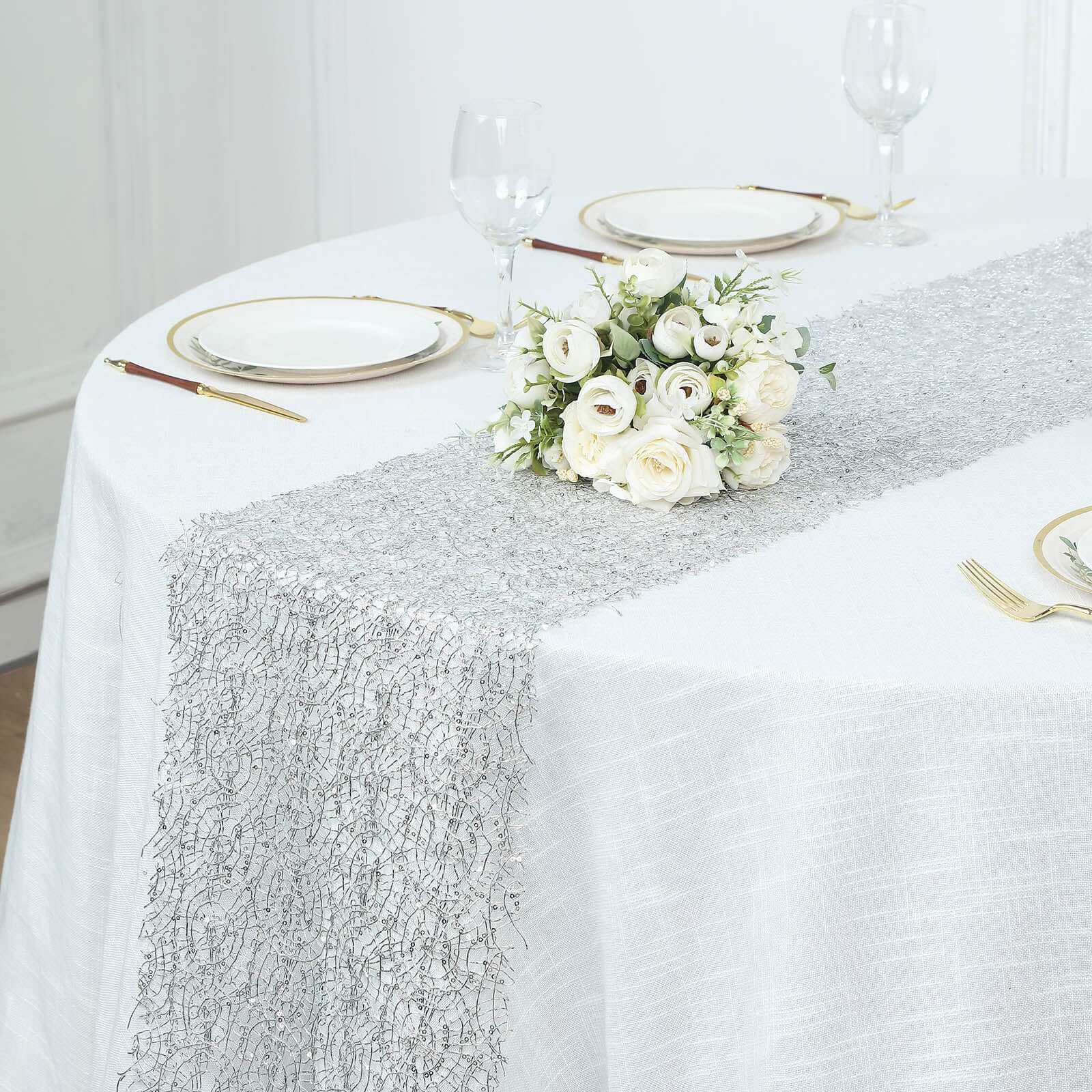 Mesh 12"x108" Table Runner Silver - Sequin Schiffli Lace Design for Stylish Celebrations - Bell Racket Store
