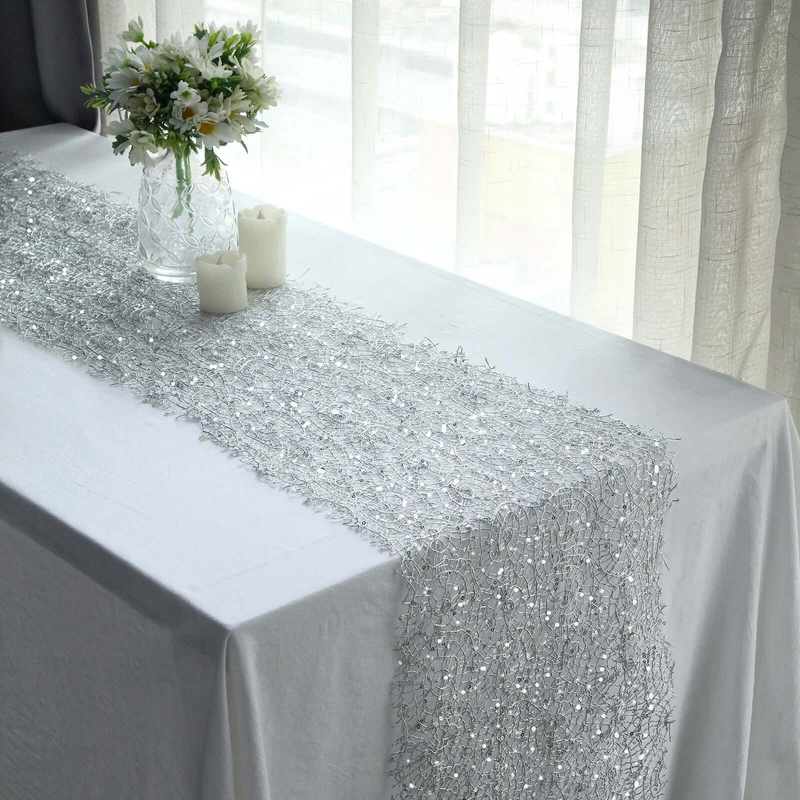 Mesh 12"x108" Table Runner Silver - Sequin Schiffli Lace Design for Stylish Celebrations - Bell Racket Store