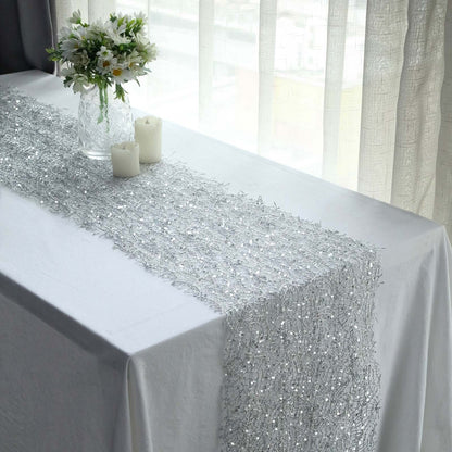 Mesh 12"x108" Table Runner Silver - Sequin Schiffli Lace Design for Stylish Celebrations - Bell Racket Store