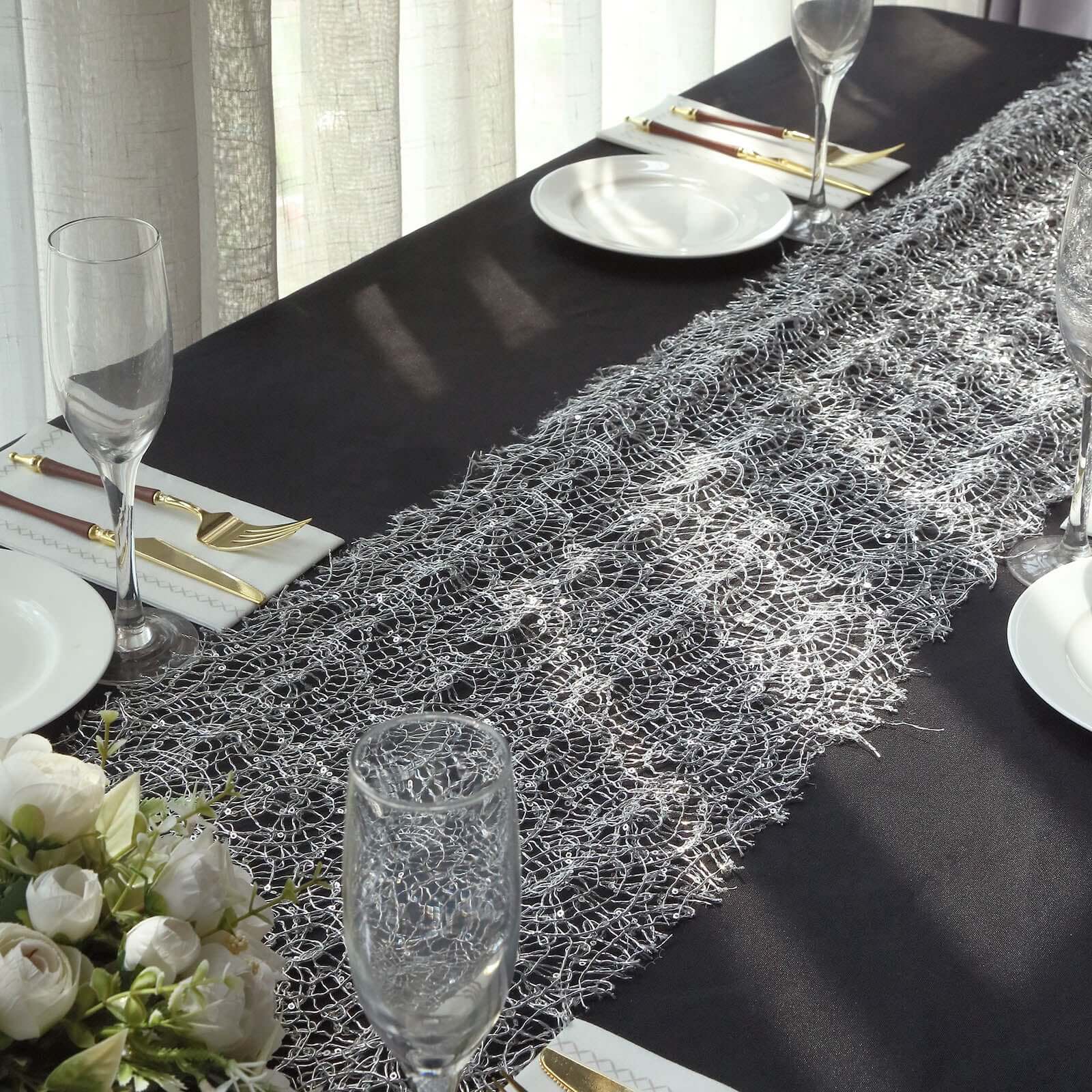 Mesh 12"x108" Table Runner Silver - Sequin Schiffli Lace Design for Stylish Celebrations - Bell Racket Store