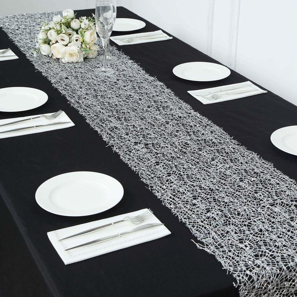 Mesh 12"x108" Table Runner Silver - Sequin Schiffli Lace Design for Stylish Celebrations - Bell Racket Store