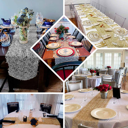 Mesh 12"x108" Table Runner Silver - Sequin Schiffli Lace Design for Stylish Celebrations - Bell Racket Store