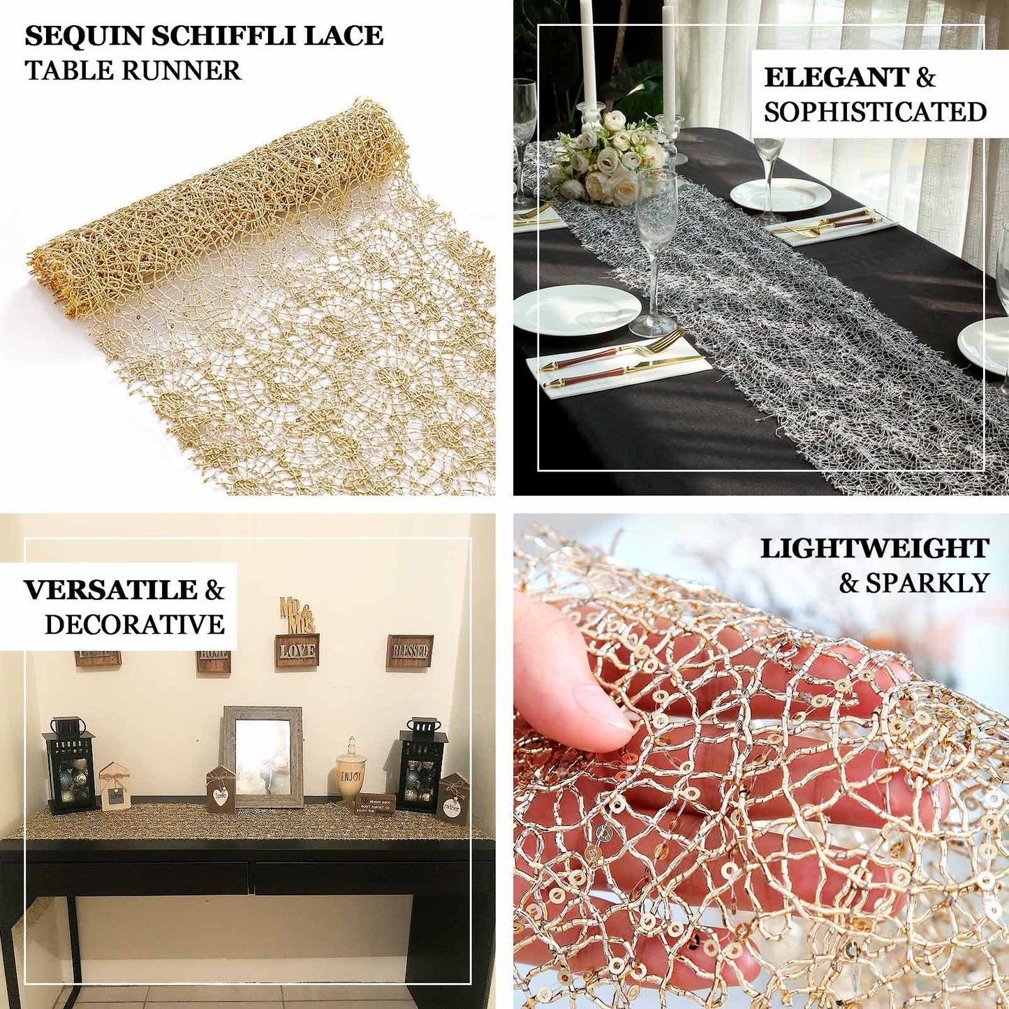Mesh 12"x108" Table Runner Silver - Sequin Schiffli Lace Design for Stylish Celebrations - Bell Racket Store