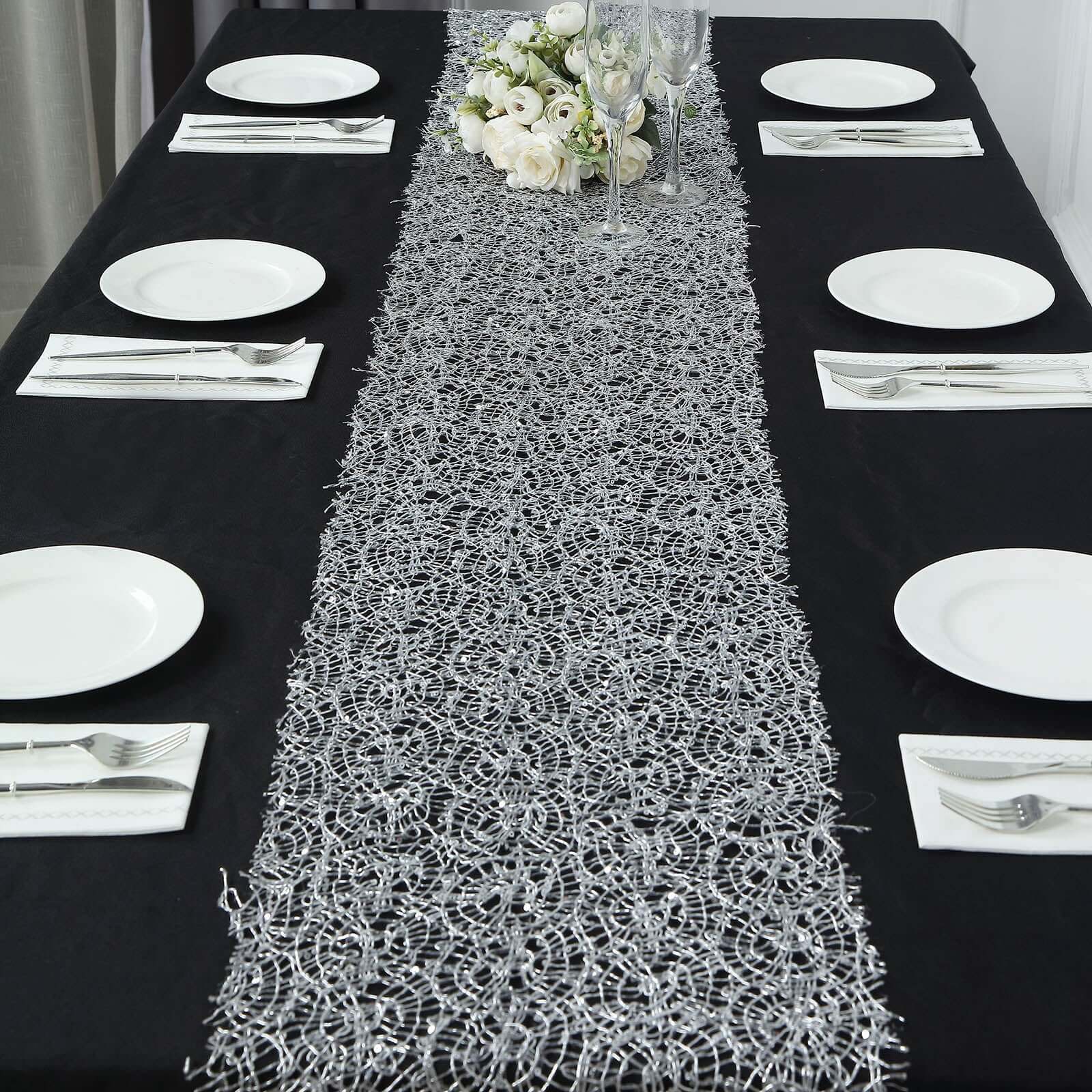 Mesh 12"x108" Table Runner Silver - Sequin Schiffli Lace Design for Stylish Celebrations - Bell Racket Store