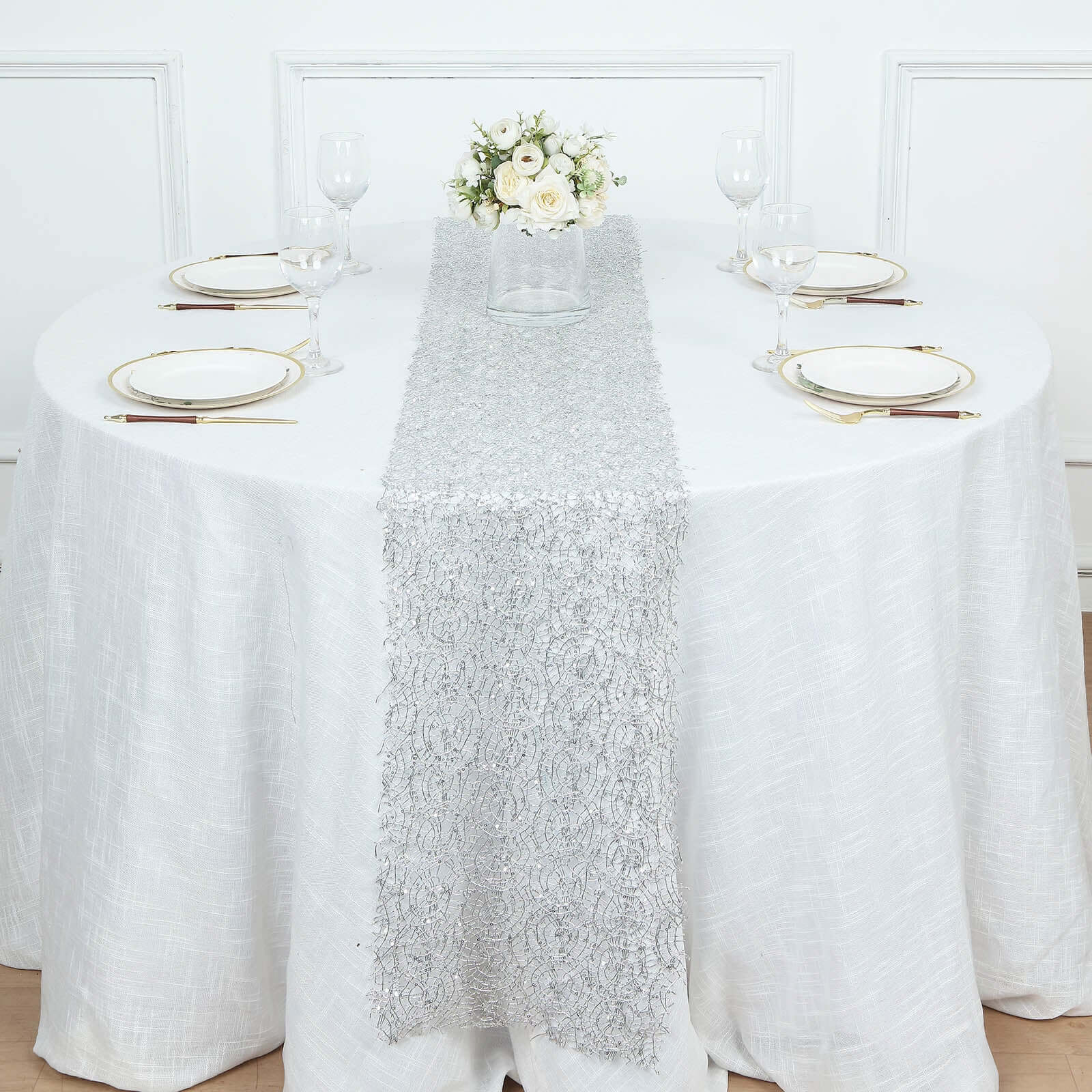Mesh 12"x108" Table Runner Silver - Sequin Schiffli Lace Design for Stylish Celebrations - Bell Racket Store