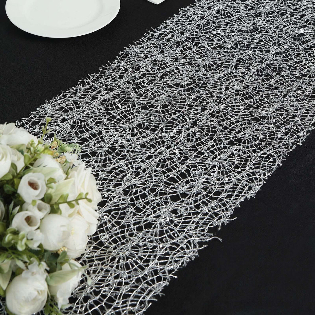 Mesh 12"x108" Table Runner Silver - Sequin Schiffli Lace Design for Stylish Celebrations - Bell Racket Store