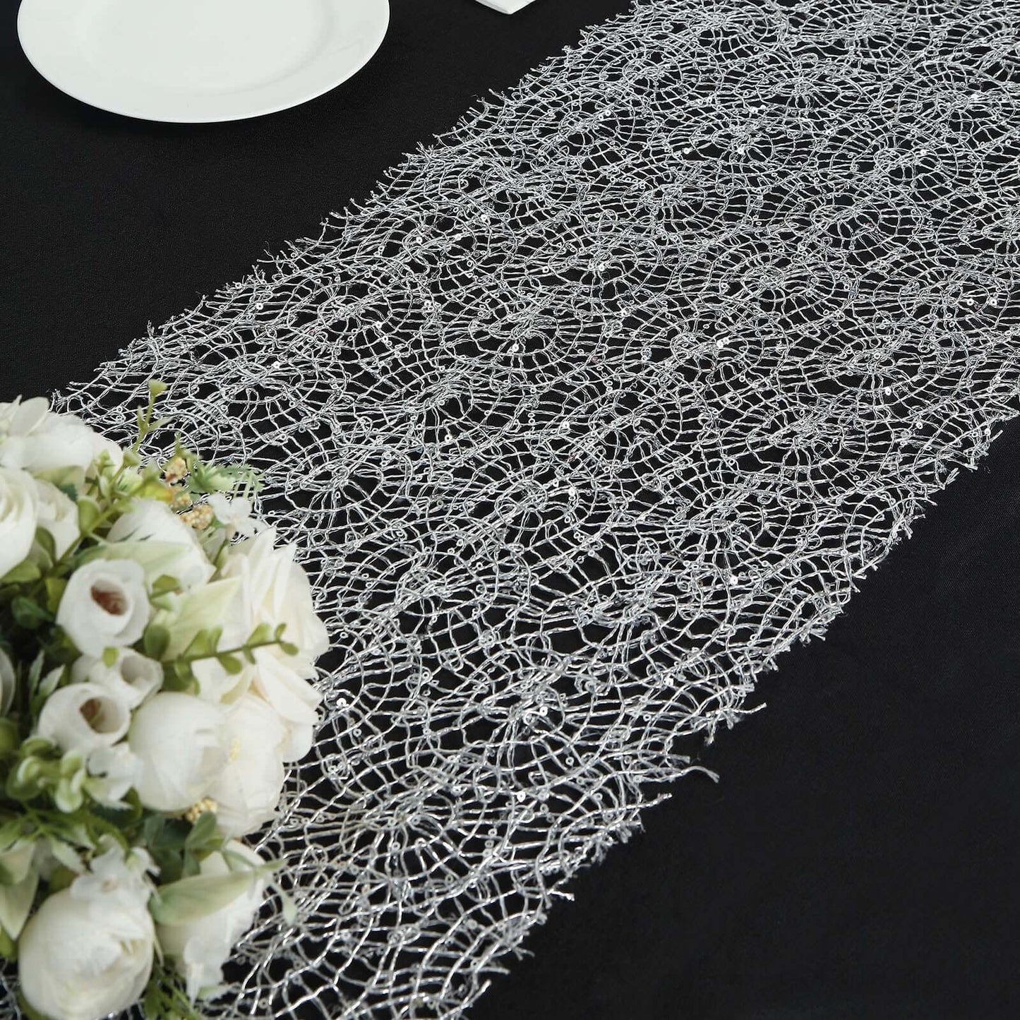 Mesh 12"x108" Table Runner Silver - Sequin Schiffli Lace Design for Stylish Celebrations - Bell Racket Store