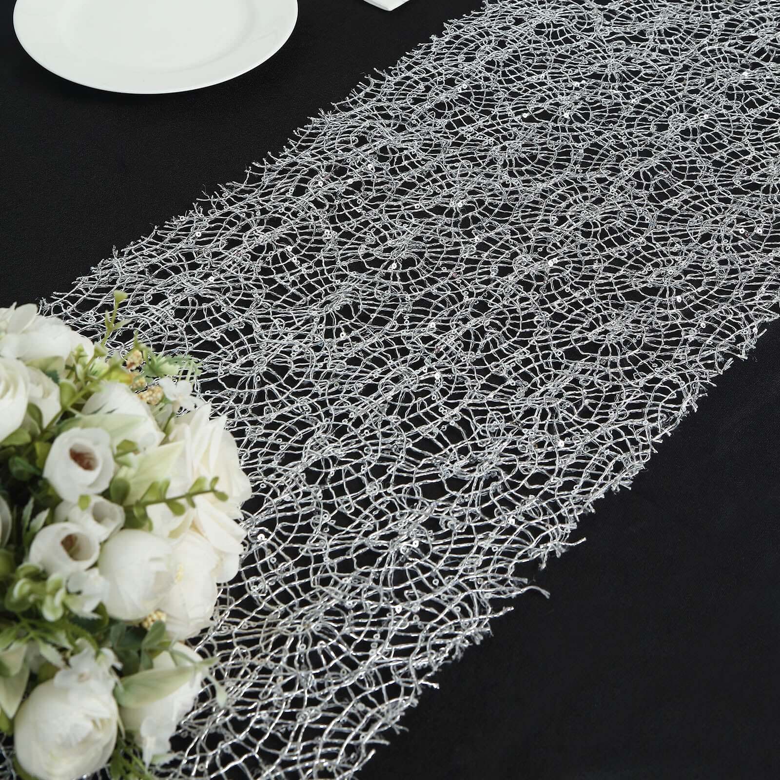 Mesh 12"x108" Table Runner Silver - Sequin Schiffli Lace Design for Stylish Celebrations - Bell Racket Store