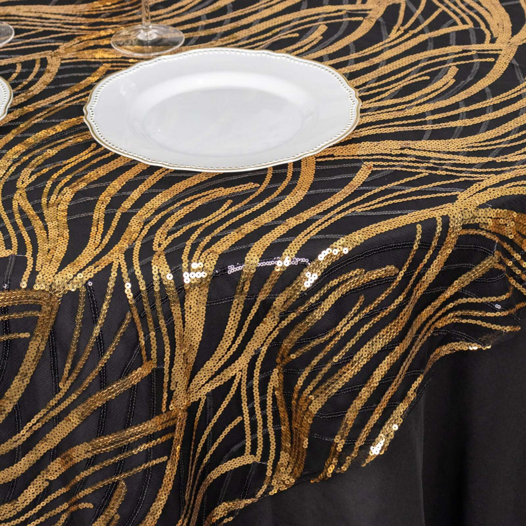 Mesh 72"x72" Table Overlay Square Tablecloth Black Gold - Wave Embroidered Sequins Table Topper - Bell Racket Store
