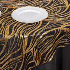Mesh 72"x72" Table Overlay Square Tablecloth Black Gold - Wave Embroidered Sequins Table Topper - Bell Racket Store