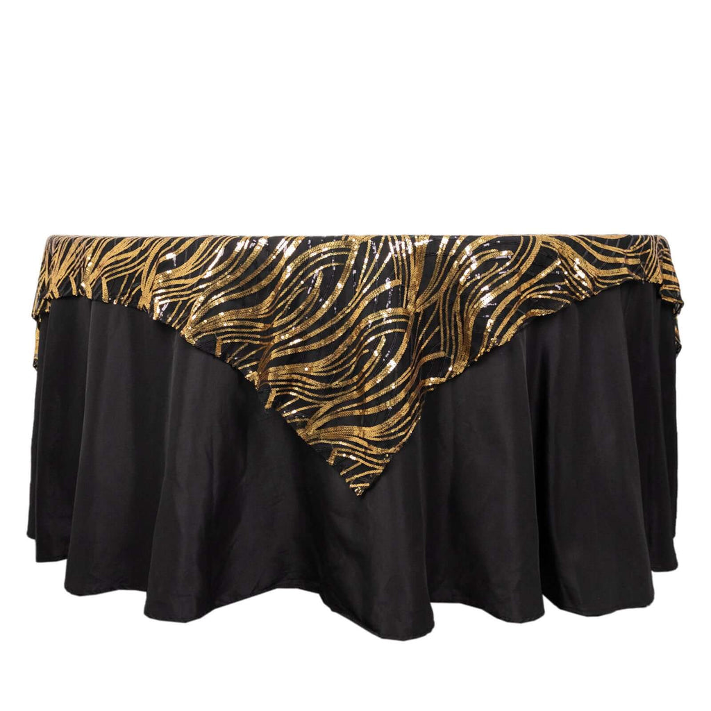 Mesh 72"x72" Table Overlay Square Tablecloth Black Gold - Wave Embroidered Sequins Table Topper - Bell Racket Store