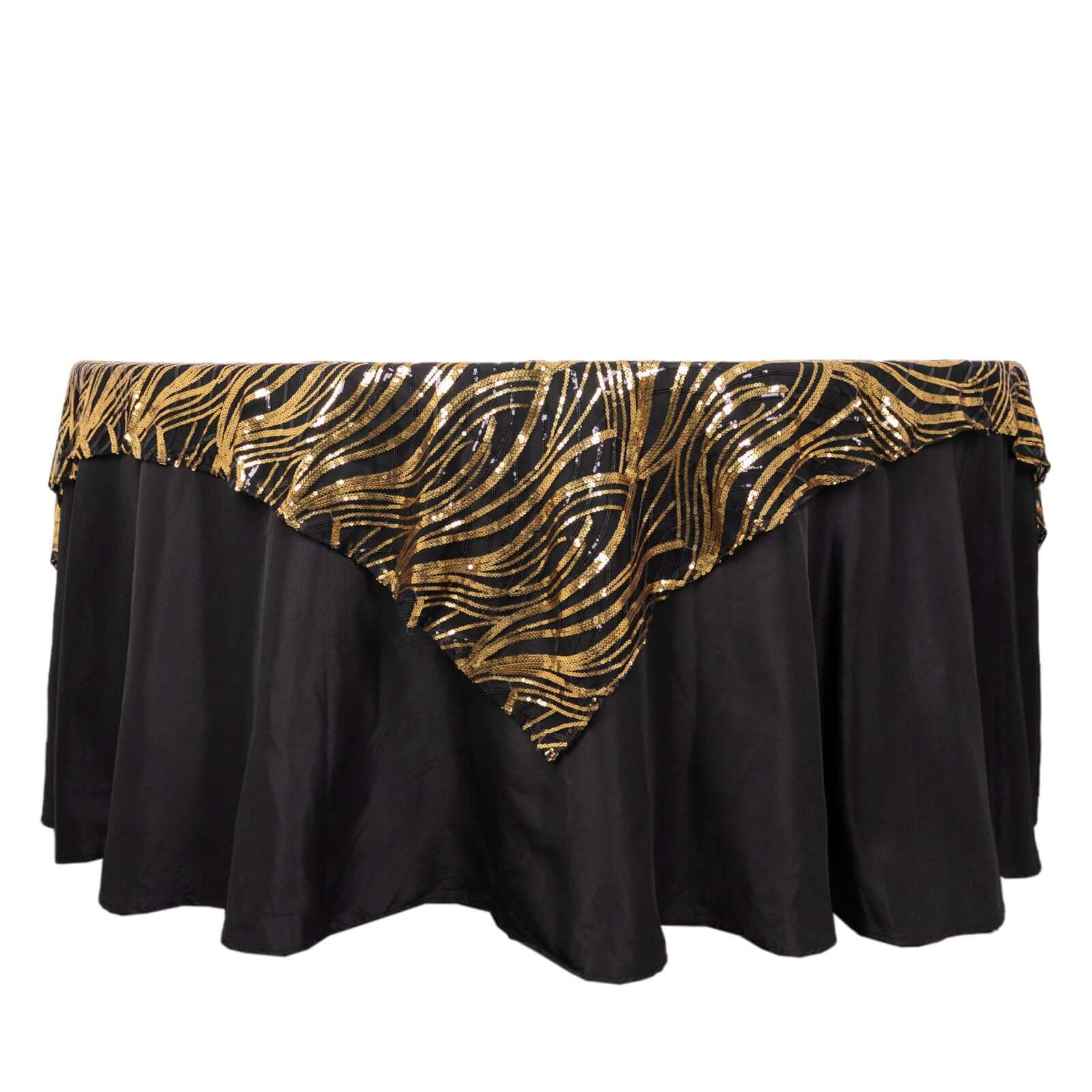 Mesh 72"x72" Table Overlay Square Tablecloth Black Gold - Wave Embroidered Sequins Table Topper - Bell Racket Store