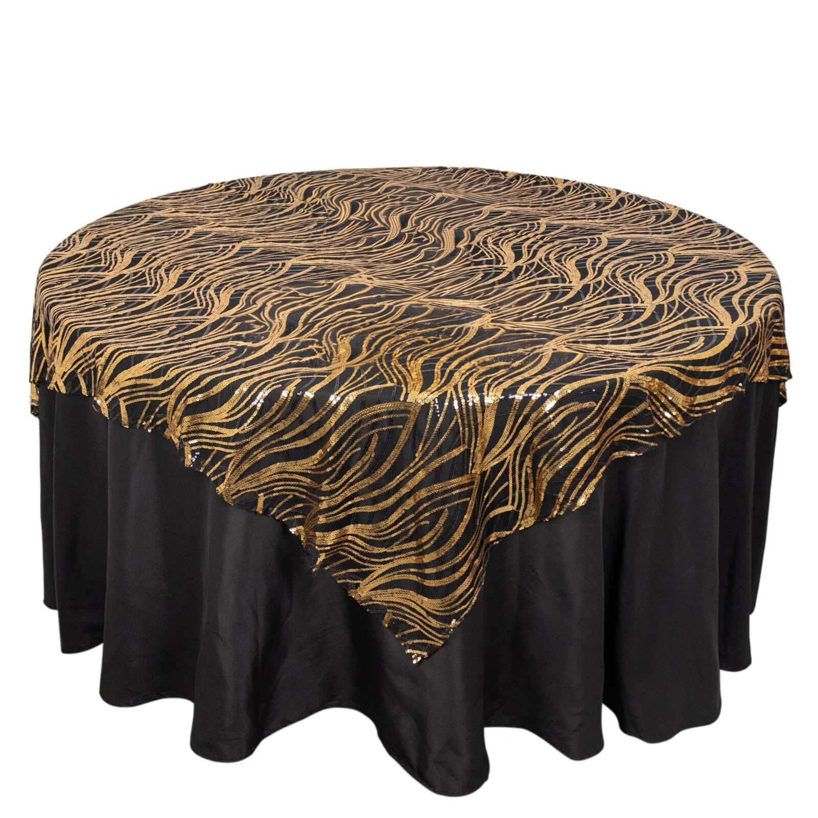 Mesh 72"x72" Table Overlay Square Tablecloth Black Gold - Wave Embroidered Sequins Table Topper - Bell Racket Store