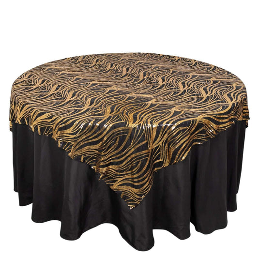Mesh 72"x72" Table Overlay Square Tablecloth Black Gold - Wave Embroidered Sequins Table Topper - Bell Racket Store