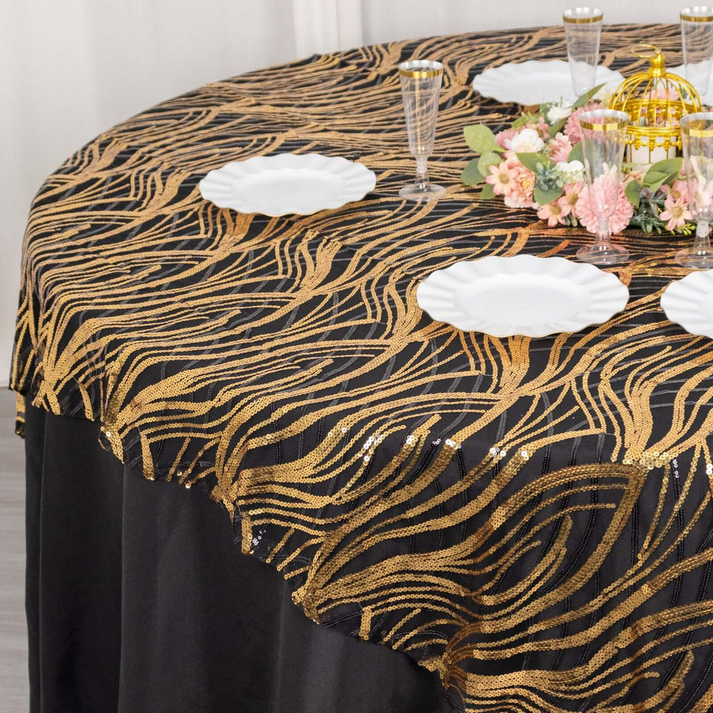 Mesh 72"x72" Table Overlay Square Tablecloth Black Gold - Wave Embroidered Sequins Table Topper - Bell Racket Store