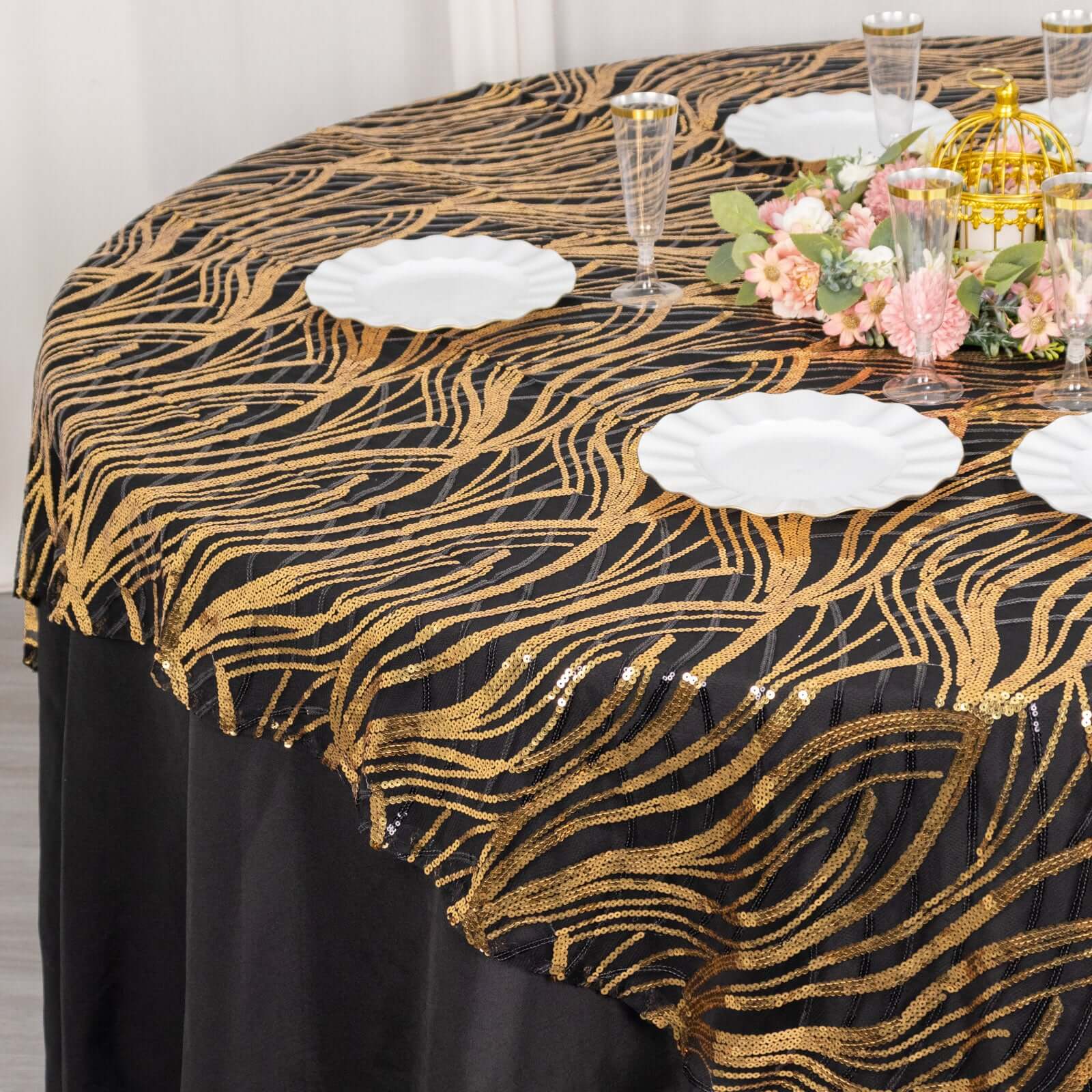 Mesh 72"x72" Table Overlay Square Tablecloth Black Gold - Wave Embroidered Sequins Table Topper - Bell Racket Store