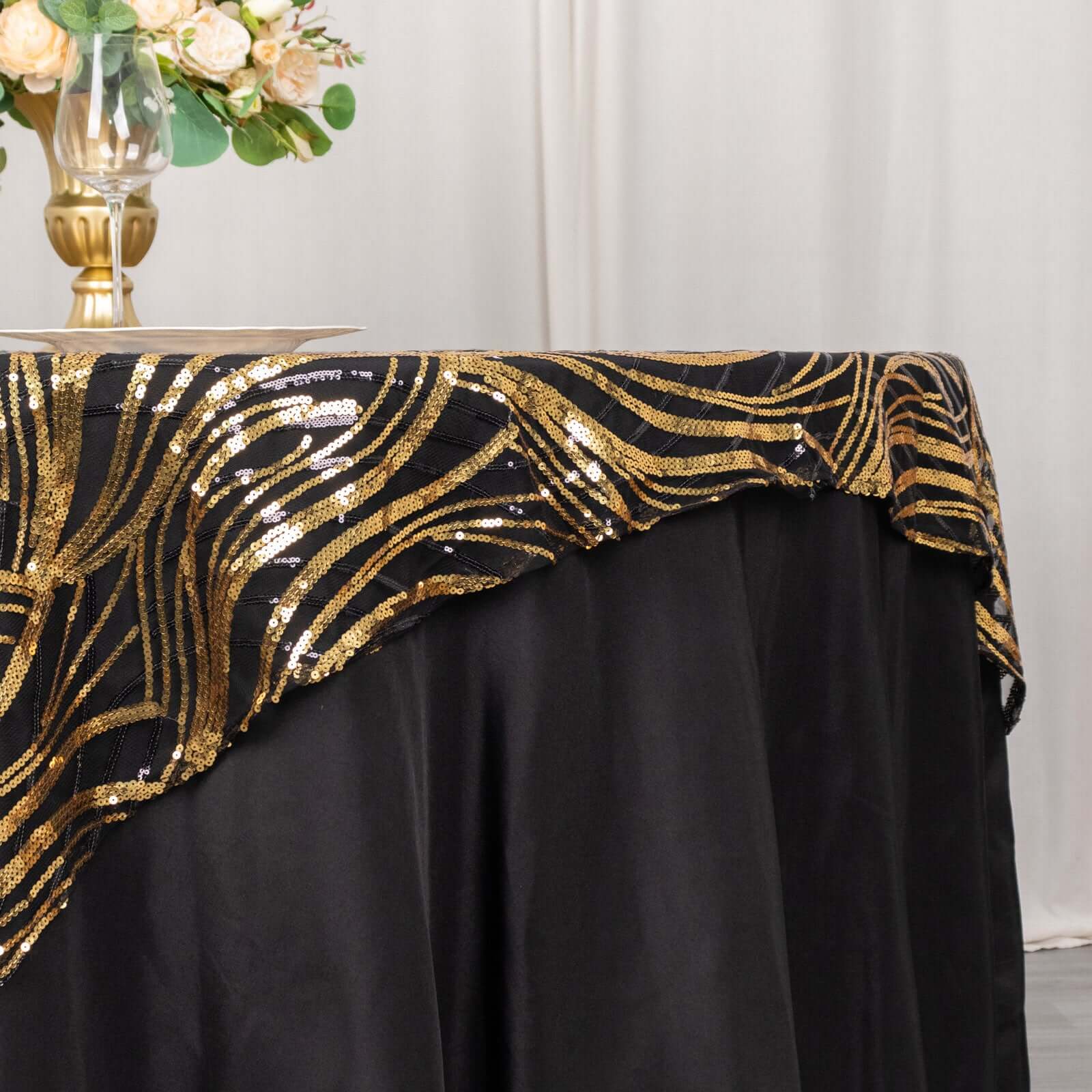 Mesh 72"x72" Table Overlay Square Tablecloth Black Gold - Wave Embroidered Sequins Table Topper - Bell Racket Store