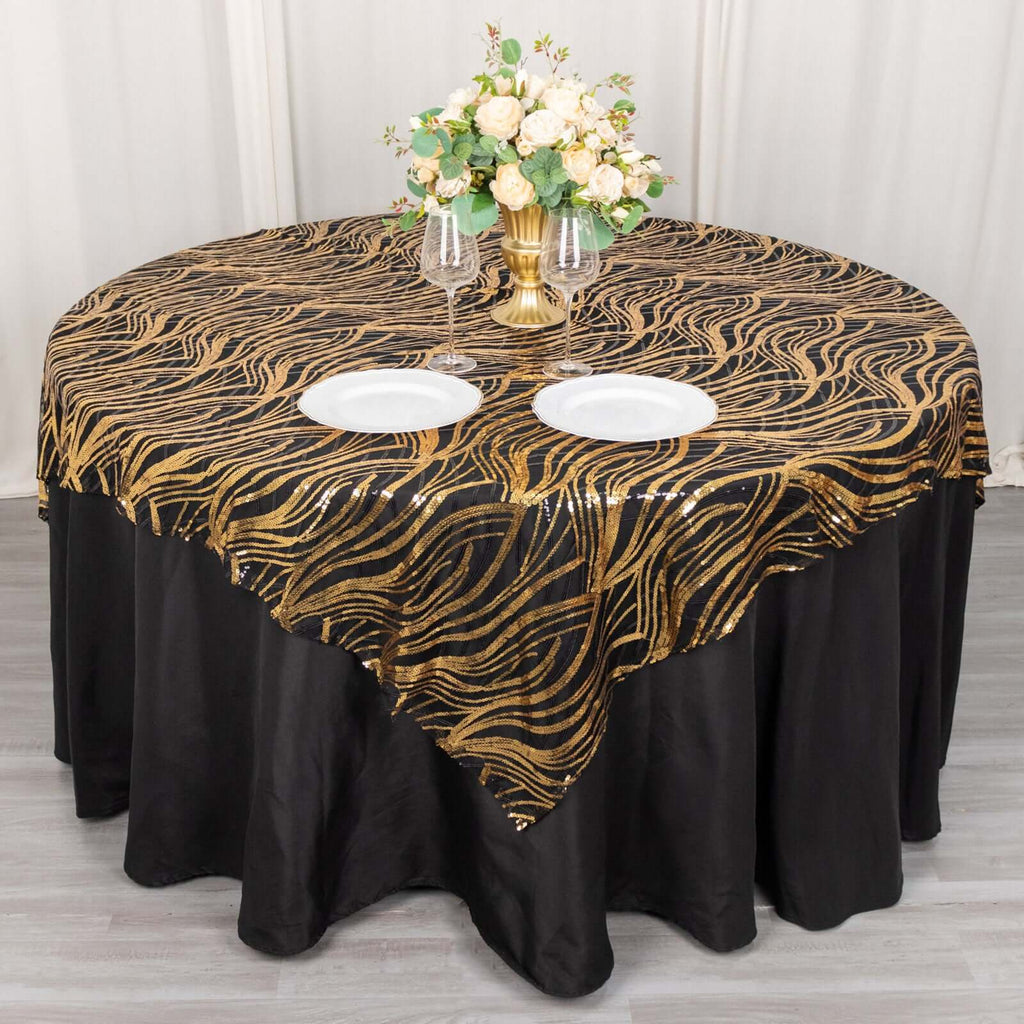 Mesh 72"x72" Table Overlay Square Tablecloth Black Gold - Wave Embroidered Sequins Table Topper - Bell Racket Store