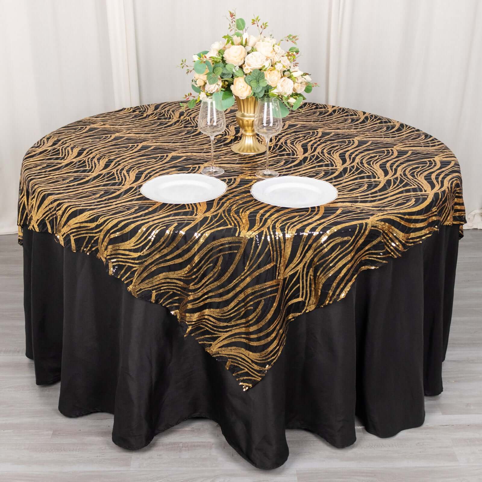 Mesh 72"x72" Table Overlay Square Tablecloth Black Gold - Wave Embroidered Sequins Table Topper - Bell Racket Store