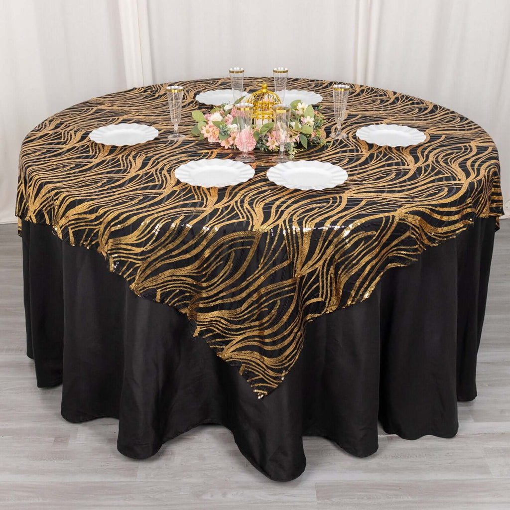 Mesh 72"x72" Table Overlay Square Tablecloth Black Gold - Wave Embroidered Sequins Table Topper - Bell Racket Store