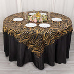 Mesh 72"x72" Table Overlay Square Tablecloth Black Gold - Wave Embroidered Sequins Table Topper - Bell Racket Store