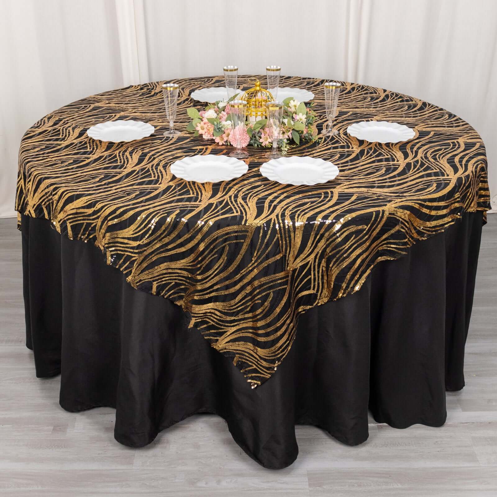 Mesh 72"x72" Table Overlay Square Tablecloth Black Gold - Wave Embroidered Sequins Table Topper - Bell Racket Store