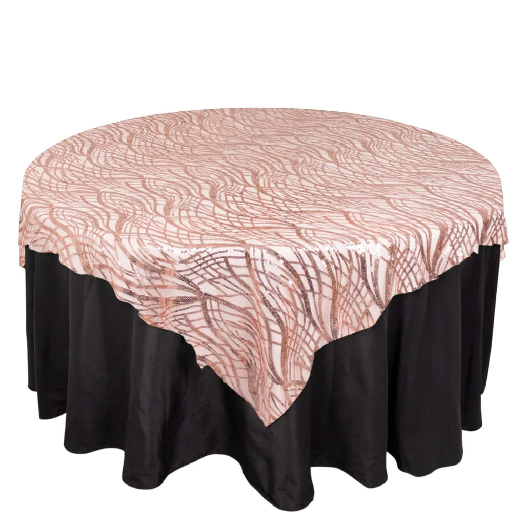 Mesh 72"x72" Table Overlay Square Tablecloth Blush - Wave Embroidered Sequins Table Topper - Bell Racket Store