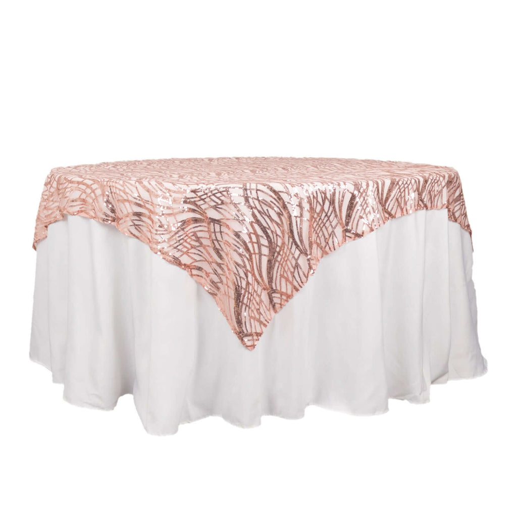 Mesh 72"x72" Table Overlay Square Tablecloth Blush - Wave Embroidered Sequins Table Topper - Bell Racket Store
