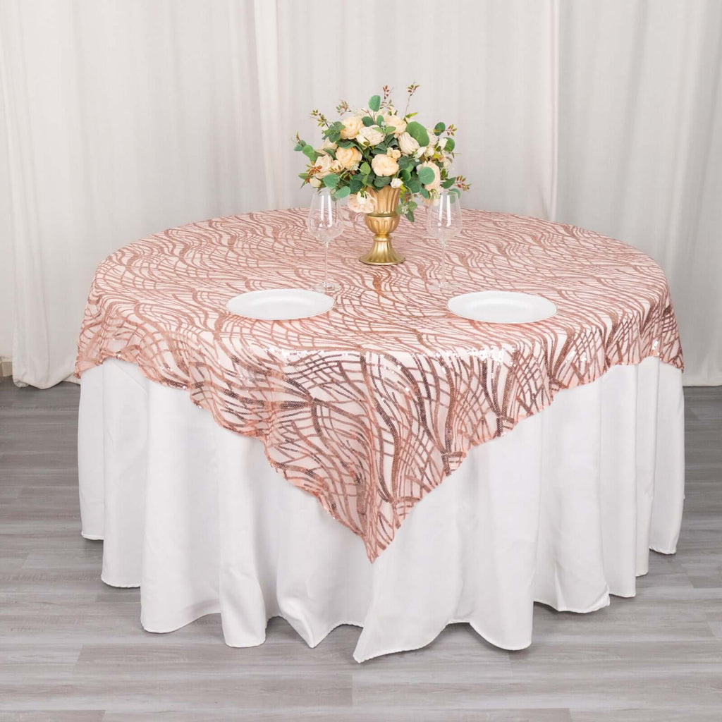 Mesh 72"x72" Table Overlay Square Tablecloth Blush - Wave Embroidered Sequins Table Topper - Bell Racket Store