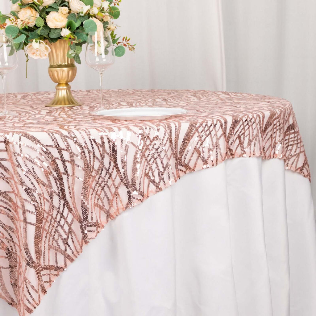 Mesh 72"x72" Table Overlay Square Tablecloth Blush - Wave Embroidered Sequins Table Topper - Bell Racket Store