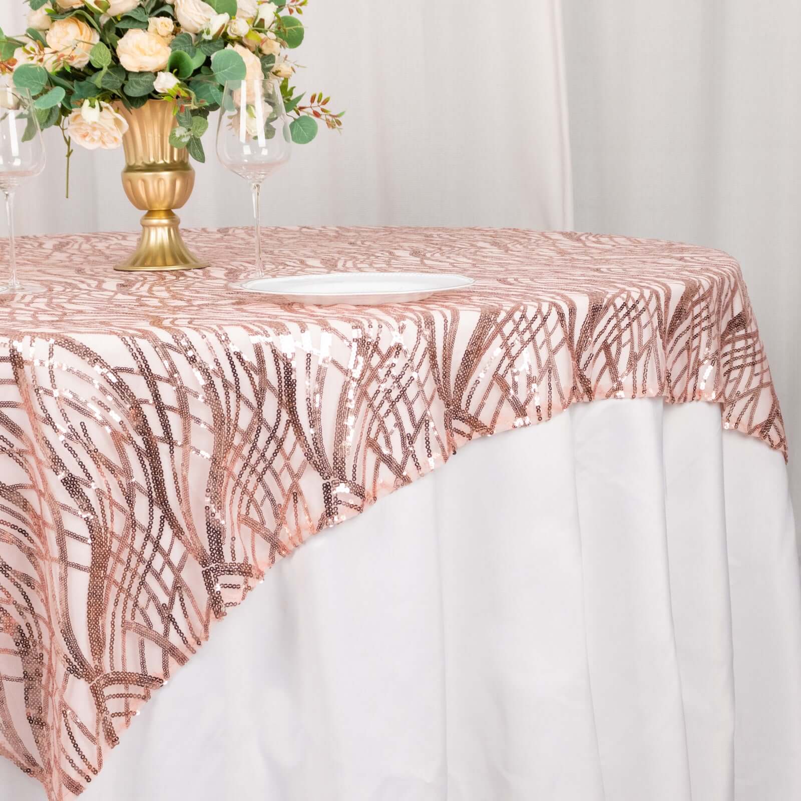 Mesh 72"x72" Table Overlay Square Tablecloth Blush - Wave Embroidered Sequins Table Topper - Bell Racket Store
