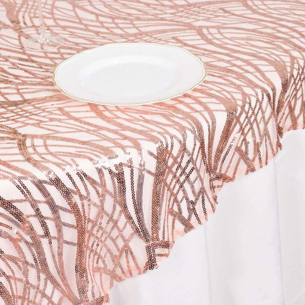 Mesh 72"x72" Table Overlay Square Tablecloth Blush - Wave Embroidered Sequins Table Topper - Bell Racket Store