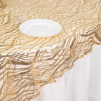Mesh 72"x72" Table Overlay Square Tablecloth Champagne - Wave Embroidered Sequins Table Topper - Bell Racket Store