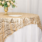 Mesh 72"x72" Table Overlay Square Tablecloth Champagne - Wave Embroidered Sequins Table Topper - Bell Racket Store