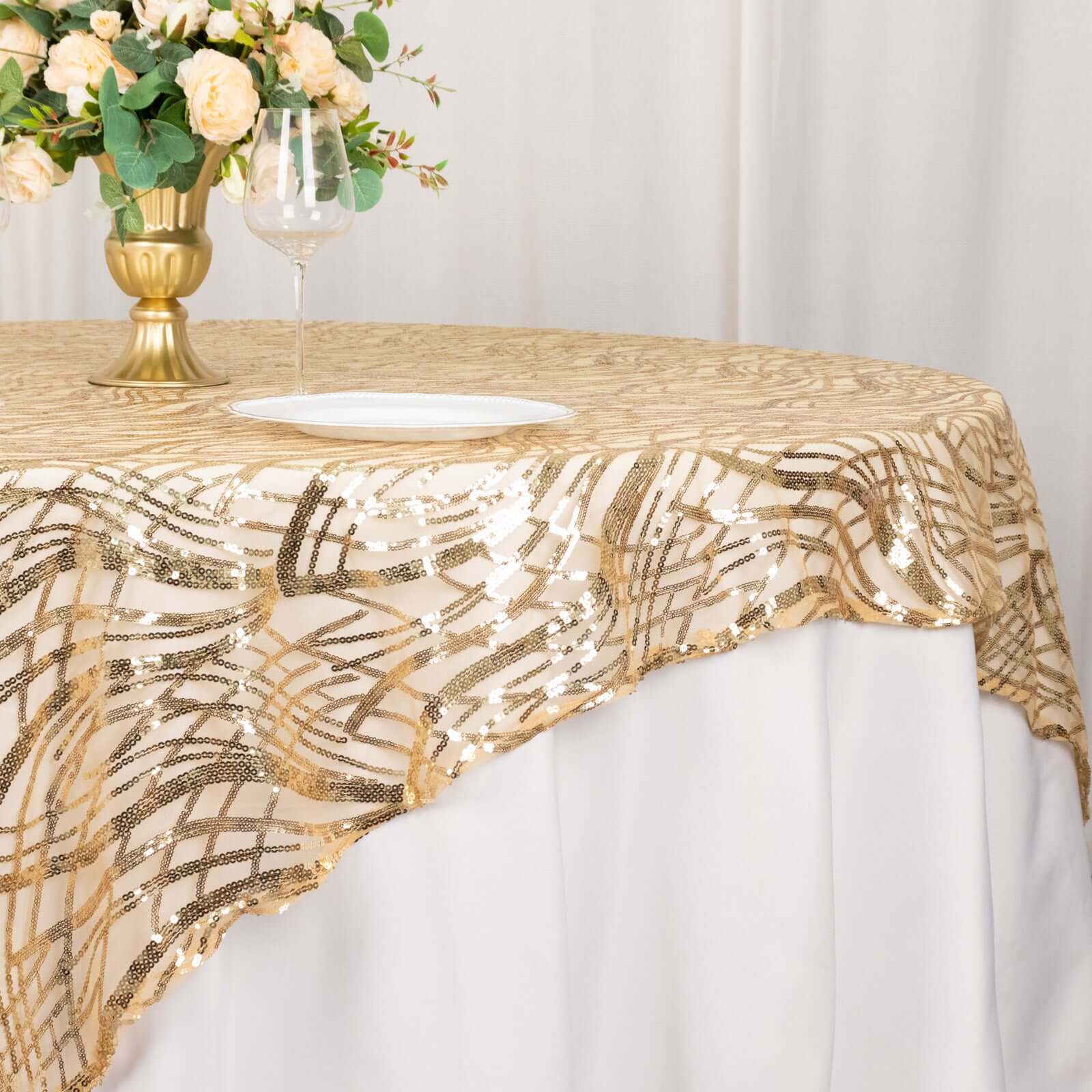 Mesh 72"x72" Table Overlay Square Tablecloth Champagne - Wave Embroidered Sequins Table Topper - Bell Racket Store