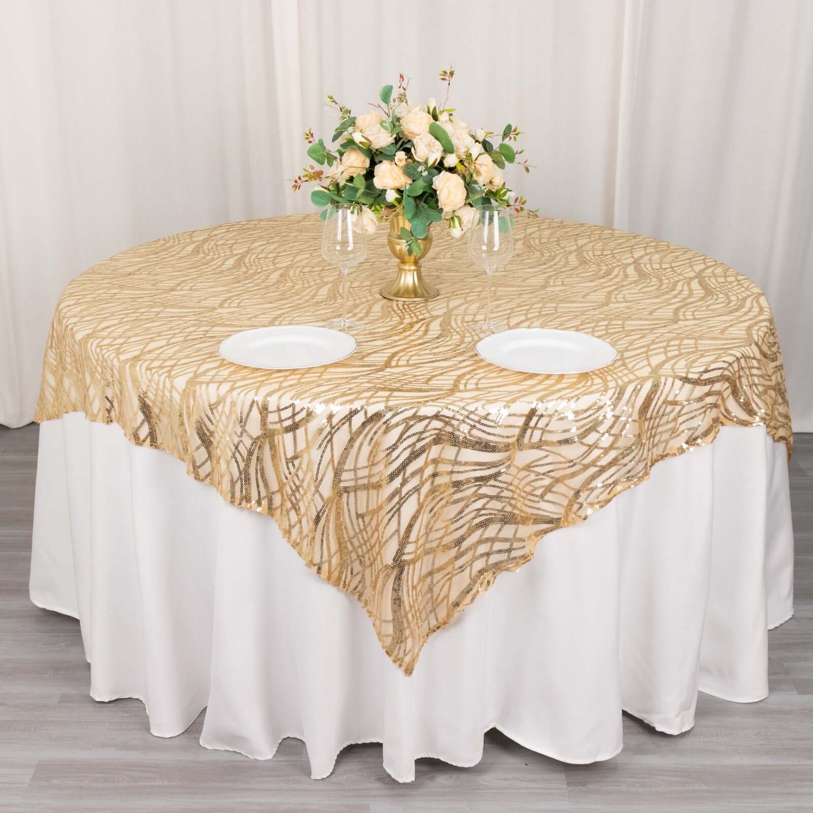 Mesh 72"x72" Table Overlay Square Tablecloth Champagne - Wave Embroidered Sequins Table Topper - Bell Racket Store