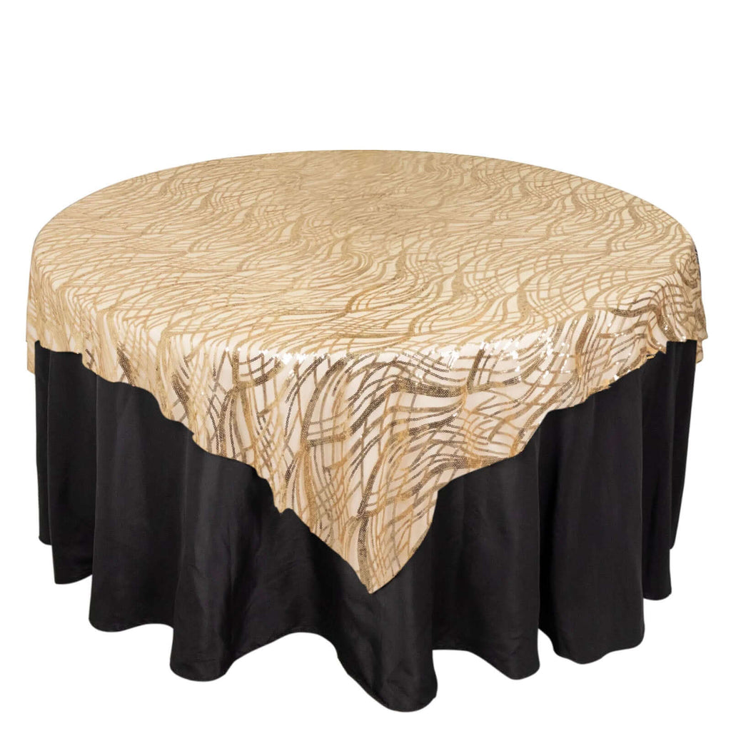 Mesh 72"x72" Table Overlay Square Tablecloth Champagne - Wave Embroidered Sequins Table Topper - Bell Racket Store