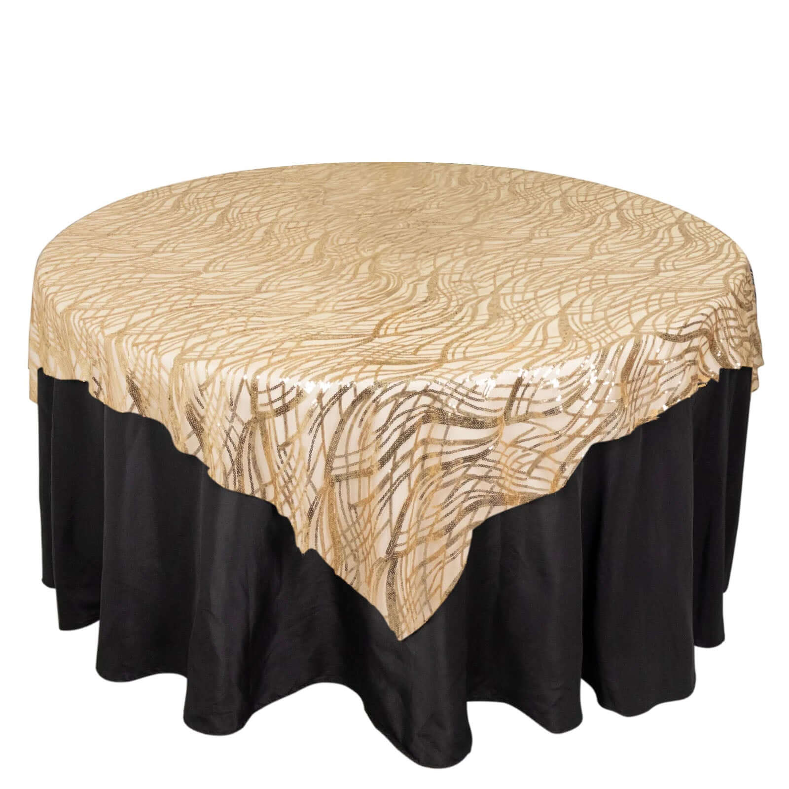 Mesh 72"x72" Table Overlay Square Tablecloth Champagne - Wave Embroidered Sequins Table Topper - Bell Racket Store