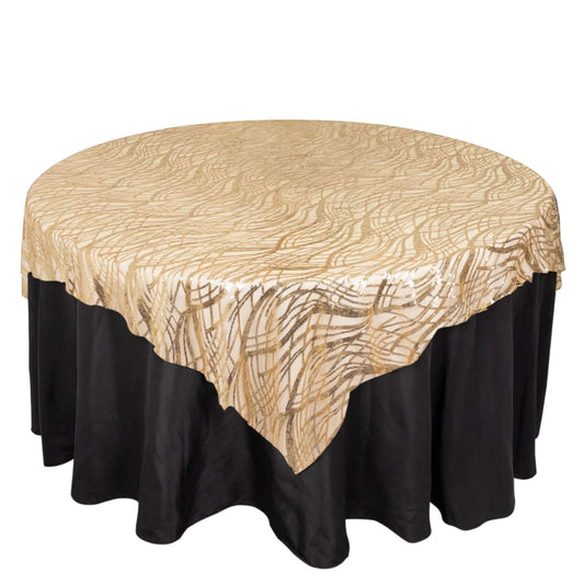 Mesh 72"x72" Table Overlay Square Tablecloth Champagne - Wave Embroidered Sequins Table Topper - Bell Racket Store