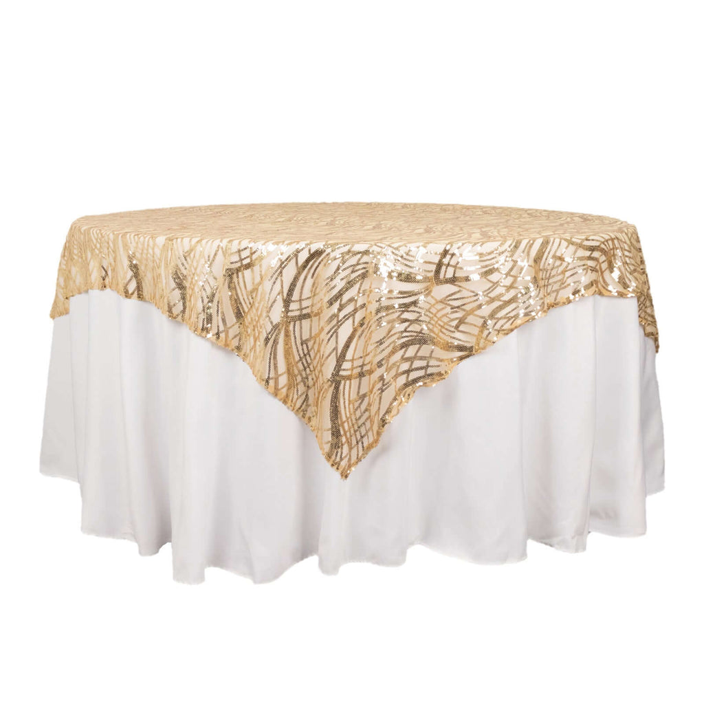 Mesh 72"x72" Table Overlay Square Tablecloth Champagne - Wave Embroidered Sequins Table Topper - Bell Racket Store