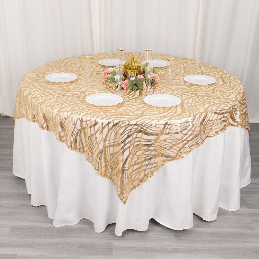Mesh 72"x72" Table Overlay Square Tablecloth Champagne - Wave Embroidered Sequins Table Topper - Bell Racket Store