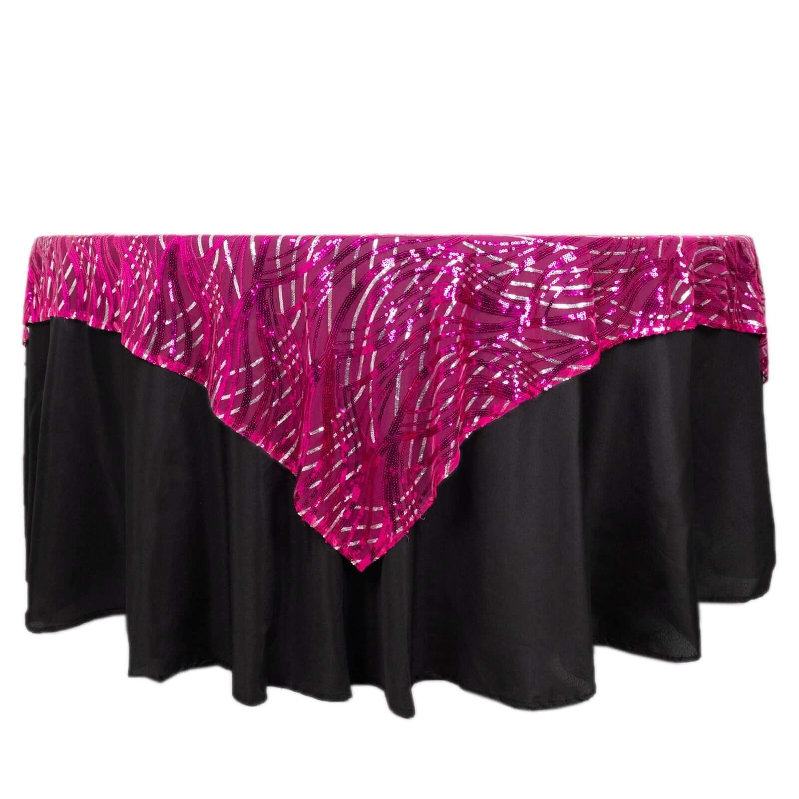 Mesh 72"x72" Table Overlay Square Tablecloth Fuchsia Silver - Wave Embroidered Sequins Table Topper - Bell Racket Store