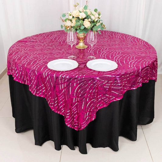 Mesh 72"x72" Table Overlay Square Tablecloth Fuchsia Silver - Wave Embroidered Sequins Table Topper - Bell Racket Store