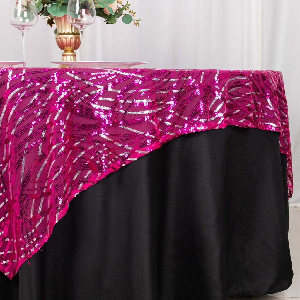Mesh 72"x72" Table Overlay Square Tablecloth Fuchsia Silver - Wave Embroidered Sequins Table Topper - Bell Racket Store