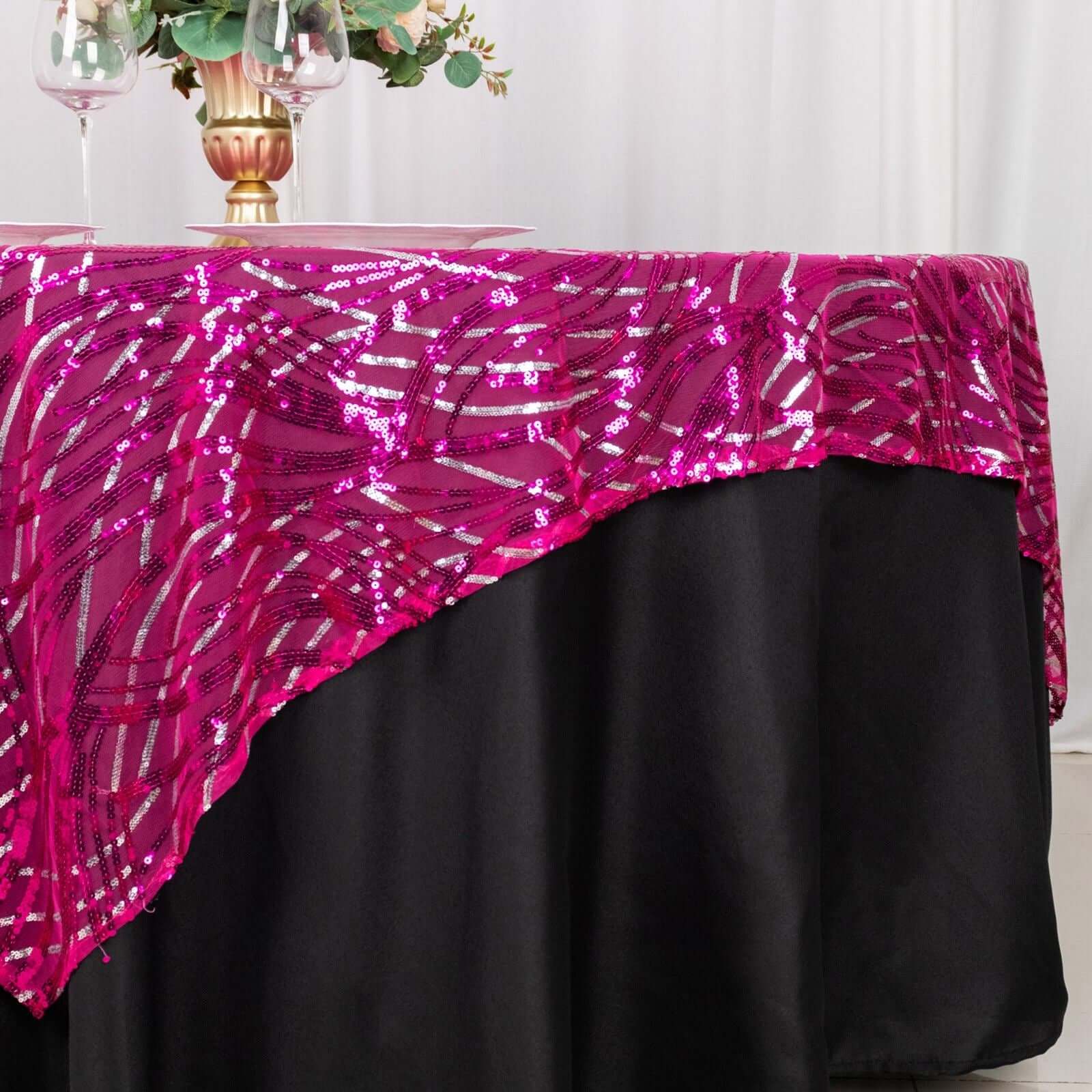 Mesh 72"x72" Table Overlay Square Tablecloth Fuchsia Silver - Wave Embroidered Sequins Table Topper - Bell Racket Store