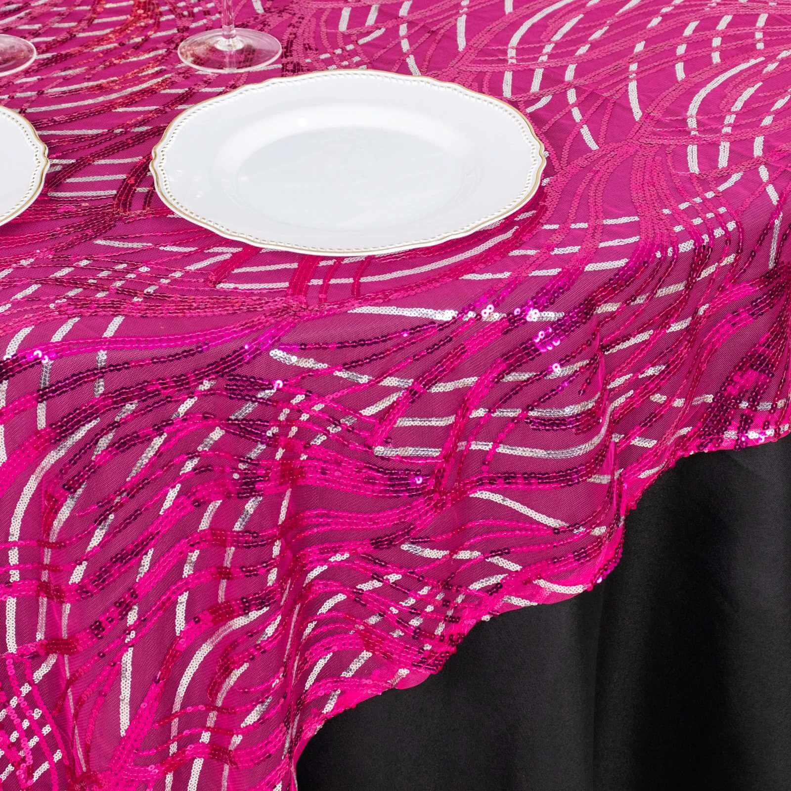 Mesh 72"x72" Table Overlay Square Tablecloth Fuchsia Silver - Wave Embroidered Sequins Table Topper - Bell Racket Store