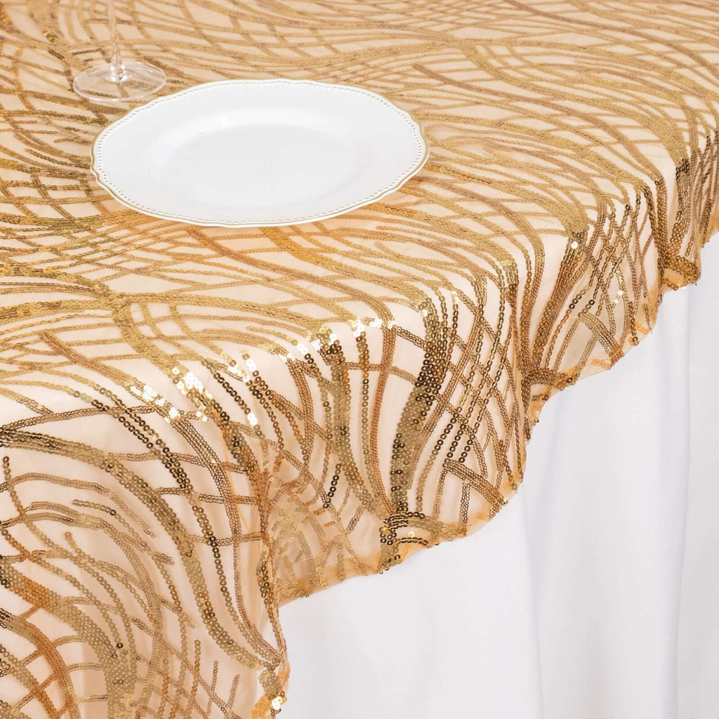 Mesh 72"x72" Table Overlay Square Tablecloth Gold Wave Design with Embroidered Sequins for Stylish Occasions - Bell Racket Store